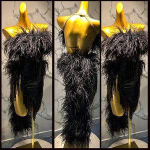 Latin Dance Dress Women's Black Feather Beaded Fringe Rhinestone Strapless Backless Bodycon Mini Dress