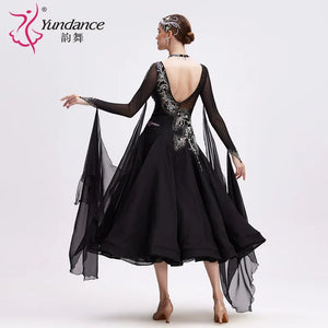 Women's Standard Ballroom Dance Dress Long Black Chiffon For Competition
