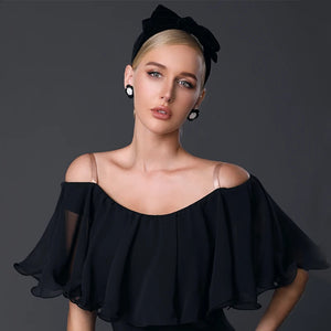 Women's Black Chiffon Off-Shoulder Ruffle Top & Wide-Leg Pants Latin Dancewear Set