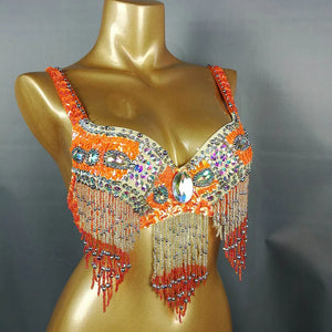Women's Black Sequin Beaded Fringe Belly Dance Bra Top