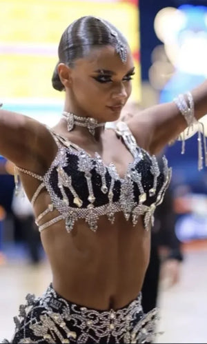 Women's Black & Silver Crystal Embellished Backless Latin Dance Dress