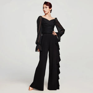 Women's Black & White Chiffon & Spandex Ruffled Wide-Leg Ballroom Dance Pants & Blouse Set