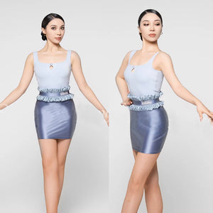 Women's Light Blue & Slate Blue Ruffled Peplum Tank Top & Mini Skirt Set, Mesh Tights, Ballroom Dancewear