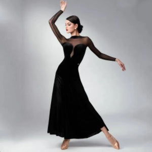 Women's Black & Red Velvet Mesh Ballroom Dance Dress with Open Back & Sweetheart Neckline, Latin Tango Waltz Foxtrot Gown