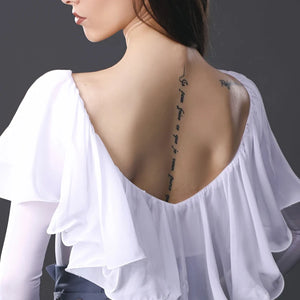 Women's White Ruffled Off-Shoulder Bodysuit with Long Sleeves, Blue High-Waisted Button-Front Pants for Latin Dance