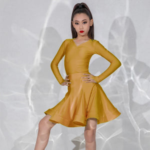 Girls Ballroom Dance Dress, Long Sleeve V-Neck Ruffle Skirt Latin Dance Costume