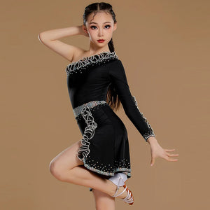 Girls Black One Shoulder Sequin Ruffle Latin Dance Dress