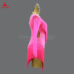 Latin Ballroom Dance Costume With Tassel And Long Sleeves For Adults And Kids Competition
