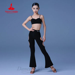 Girls Black Lace Sequin Halter Top and Cut-Out Bell Bottom Pants Latin Dancewear