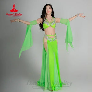 Belly Dance Costume, Women's Green Sequin Beaded Chiffon Skirt and Bra Set with Arm Sleeves, Performance Wear