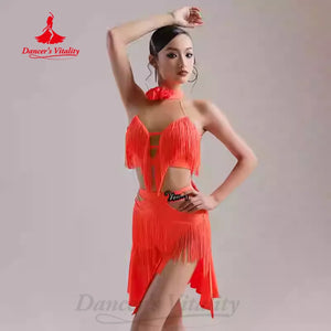 Latin Dance Dress, Girls & Women's, Orange & Neon Yellow, Fringe Cut-out Halterneck, Ballroom Salsa Cha Cha Rumba Tango