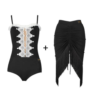 Women's Black Ruched Fringe Asymmetrical Latin Dance Skirt