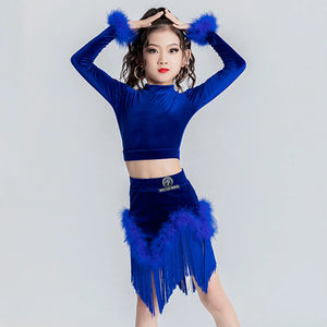 Girls Royal Blue Velvet Fringed Latin Dance Dress with Feather Cuffs and Hem, Mock Neck Crop Top and Skirt Set