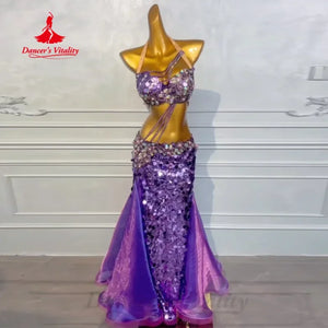 Adult Women's Belly Dance 2-Piece Costume With Rhinestone Bra And Sequin Fishtail Skirt For Competition