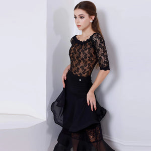 Women's Black Lace & Chiffon Ballroom Dance Dress with Ruched Waist and Tiered Skirt