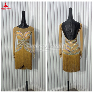 Women's Gold Rhinestone Fringe Latin Dance Dress - Open Back, Long Sleeve, Mesh Bodice