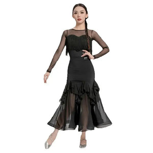 Women Black Mesh Fringe Ruffle Latin Dance Dress