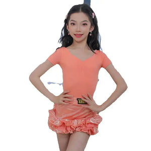 Girls' Peach Short Sleeve V-Neck Leotard with Ruffled Shimmer Skirt Latin Dancewear