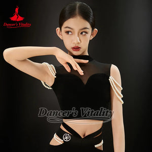 Girls Black & White Velvet Mesh Pearl Ballroom Dance Dress