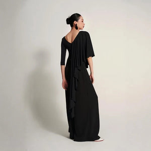 Women's Black V-Neck Long Sleeve Top and Wide-Leg Pants Set, Pleated, Ballroom Dance