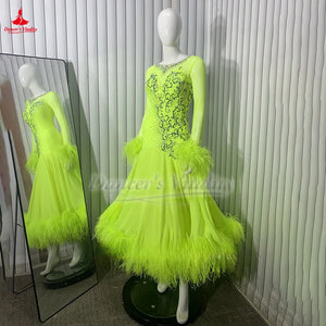 Ballroom Dance Dress Women's Neon Green Feathered Embellished Long Sleeve Standard Smooth Dress