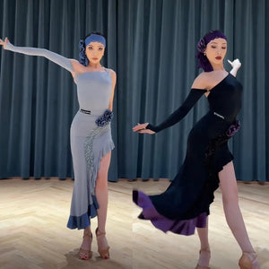 Women's Blue Ruffled Asymmetrical Hem Latin Dance Dress with Headband, Arm Sleeve & Floral Detail