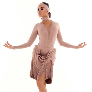 Women's Nude Long Sleeve Mesh Latin Dance Bodysuit with Fringe Skirt
