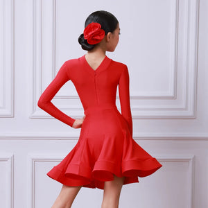 Girls Red Long Sleeve Ruffled Latin Ballroom Dance Dress with Mock Neck