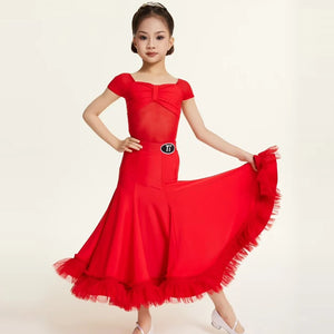 Girls Red Mesh & Ruffle Latin Ballroom Dance Dress with Square Neckline