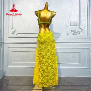 Latin Dance Dress Women's Neon Green Lace Beaded Fringe Backless Slit Salsa Rumba Tango Performance Gown