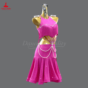 Women's Fuchsia Halter Fringe Rhinestone Pearl Latin Dance Dress
