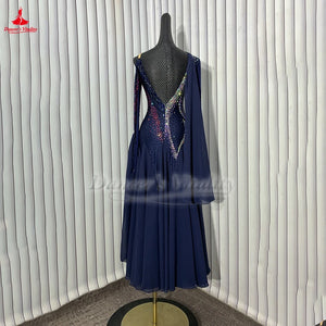 Women's Navy Blue Crystal Embellished Long Sleeve Open Back Ballroom Dance Dress