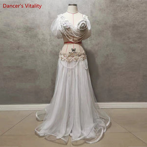 Belly Dance Costume Women's Lavender Chiffon Off-Shoulder Top with Embellished Bra & Long Skirt Set for Performance