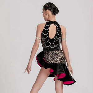 Dance Dress Girls Black and Beige Lace Beaded Halterneck Ruffled Latin Ballroom