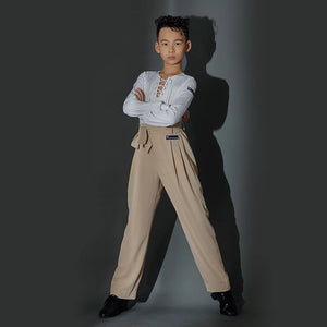 Boys Ballroom Dance Shirt with Lace-Up Neckline and High-Waisted Trousers, White, Lavender, Black Long Sleeve Latin Dance Top and Pants Set