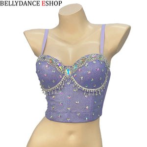 Belly Dance Bra Top, Women's Lavender Sequin & Rhinestone Embellished Dance Costume Top, Belly Dancing