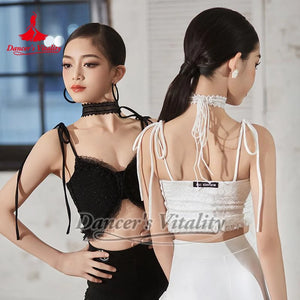 Women's White Lace Ruffled Crop Top Latin Dance Bra, Women's Black Sequin Lace Camisole Latin Dance Top
