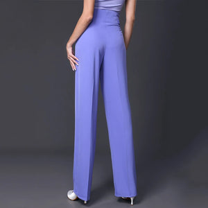 Women's White/Lavender/Black Off-Shoulder/Square Neck/Asymmetrical Ruffle Top with Pink/Lavender/Purple High-Waisted Wide-Leg Pants for Ballroom Dance