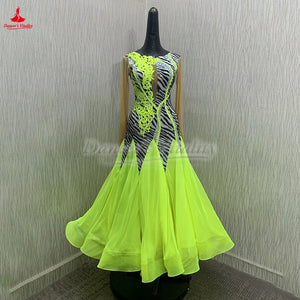 Ballroom Dance Dress Women's Black & White Zebra Print with Neon Yellow Lace & Chiffon Panels, Long Sleeve Standard Smooth