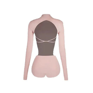 Women's Pink Long Sleeve Mock Neck Cut-Out Bodysuit with Black Asymmetrical Wrap Skirt for Latin Dance