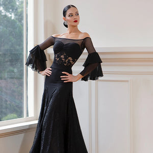 Women's Black Off-Shoulder Lace & Chiffon Ruffled Sleeve Ballroom Dance Dress
