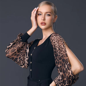 Women's Black V-Neck Chiffon Sleeve Bodysuit with Decorative Buttons, Ballroom Dance