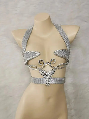 Women's Silver Rhinestone Halter Neck Open Bust Body Chain Belly Dance Bra Top