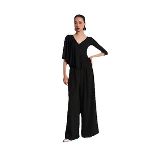 Women's Black V-Neck Long Sleeve Top and Wide-Leg Pants Set, Pleated, Ballroom Dance
