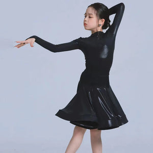 Kids Girls Latin Dance Dress, Short Sleeve Shiny Pleated Skirt Ballroom Salsa Rumba Dancewear