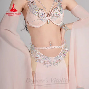 Women's Belly Dance Costume Set With AB Rhinestone Bra, Sleeves, Chiffon Long Skirt For Performance