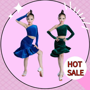 Girls' Blue and Green Velvet One-Shoulder Long Sleeve Ruffled Skirt Latin Dance Dress