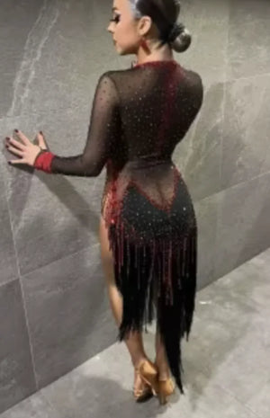 Women's Black & Red Sequin Fringe Mesh Latin Rhythm Dance Dress