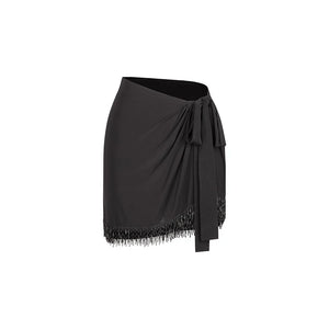 Women's Olive Green Long Sleeve Cutout Bodysuit with Gold Buckle, White Fringe Tie-Waist Skirt, Latin Dancewear