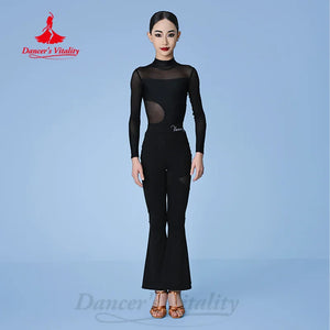 Women's Black Mesh Long Sleeve Mock Neck Leotard with Cutouts and Flared Pants, Latin Dance